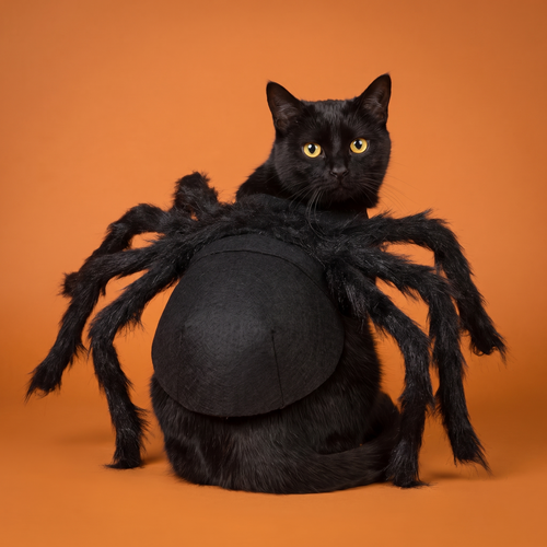 Black cat wearing the spider Halloween costume on an orange background